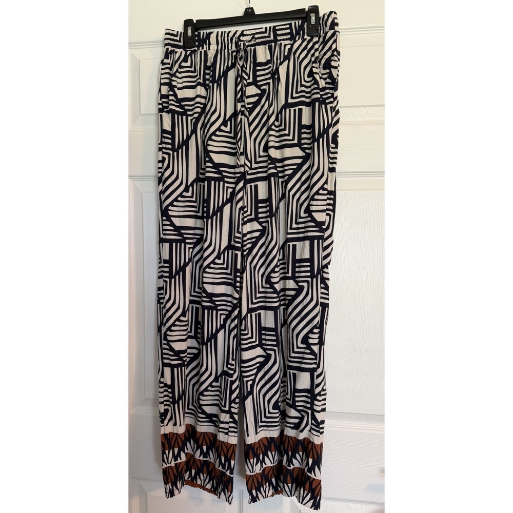 Halogen Wide Leg Printed Pants Size Medium Blue Ivory Geometric‎ Abstract